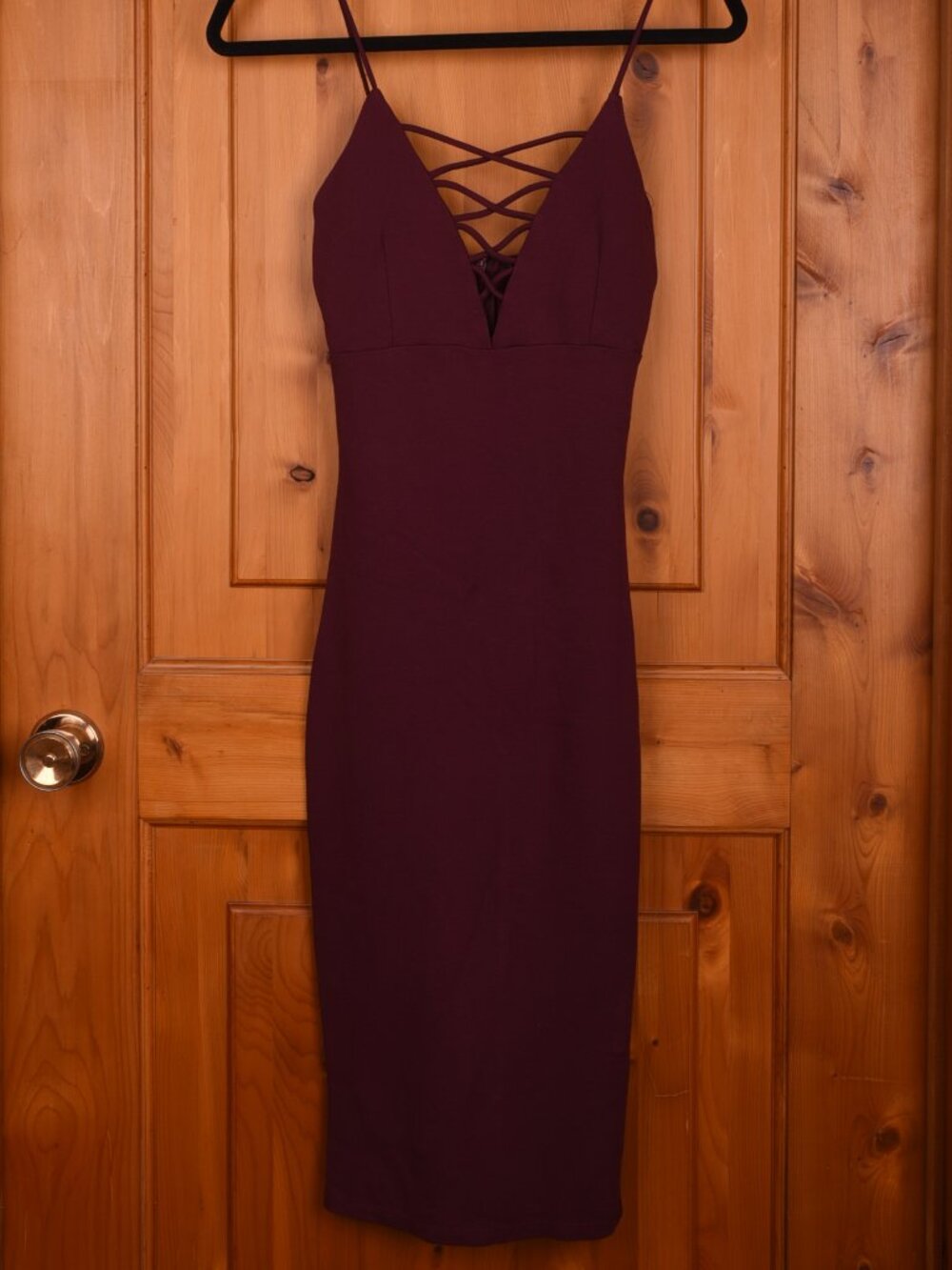 Revamped Burgundy Crisscross Lace-Up Bodycon Midi Dress Size Small